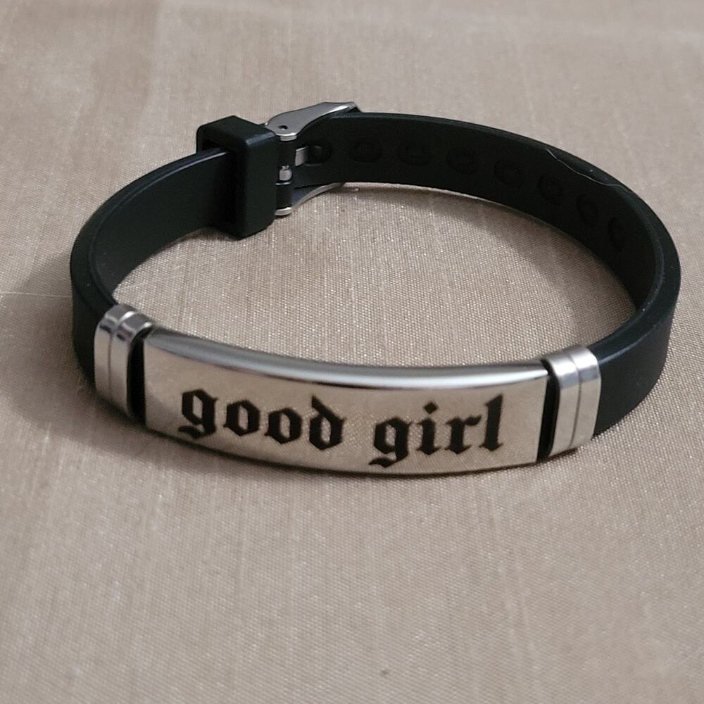 "Good Girl" engraved stainless steel & black silicone buckle bracelet
